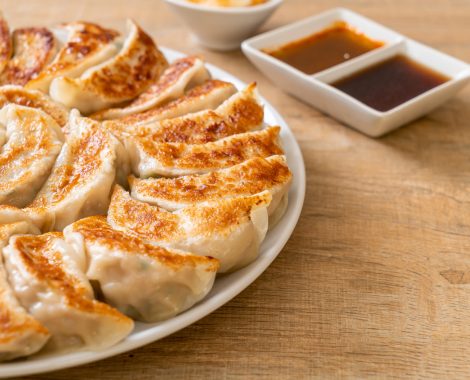 fried gyoza or dumplings snack with soy sauce in Japanese style